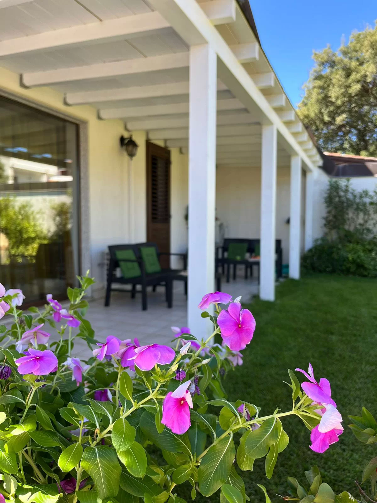 Le vinche rosa fiorite in primo piano, dietro il porticato bianco della casa e il prato